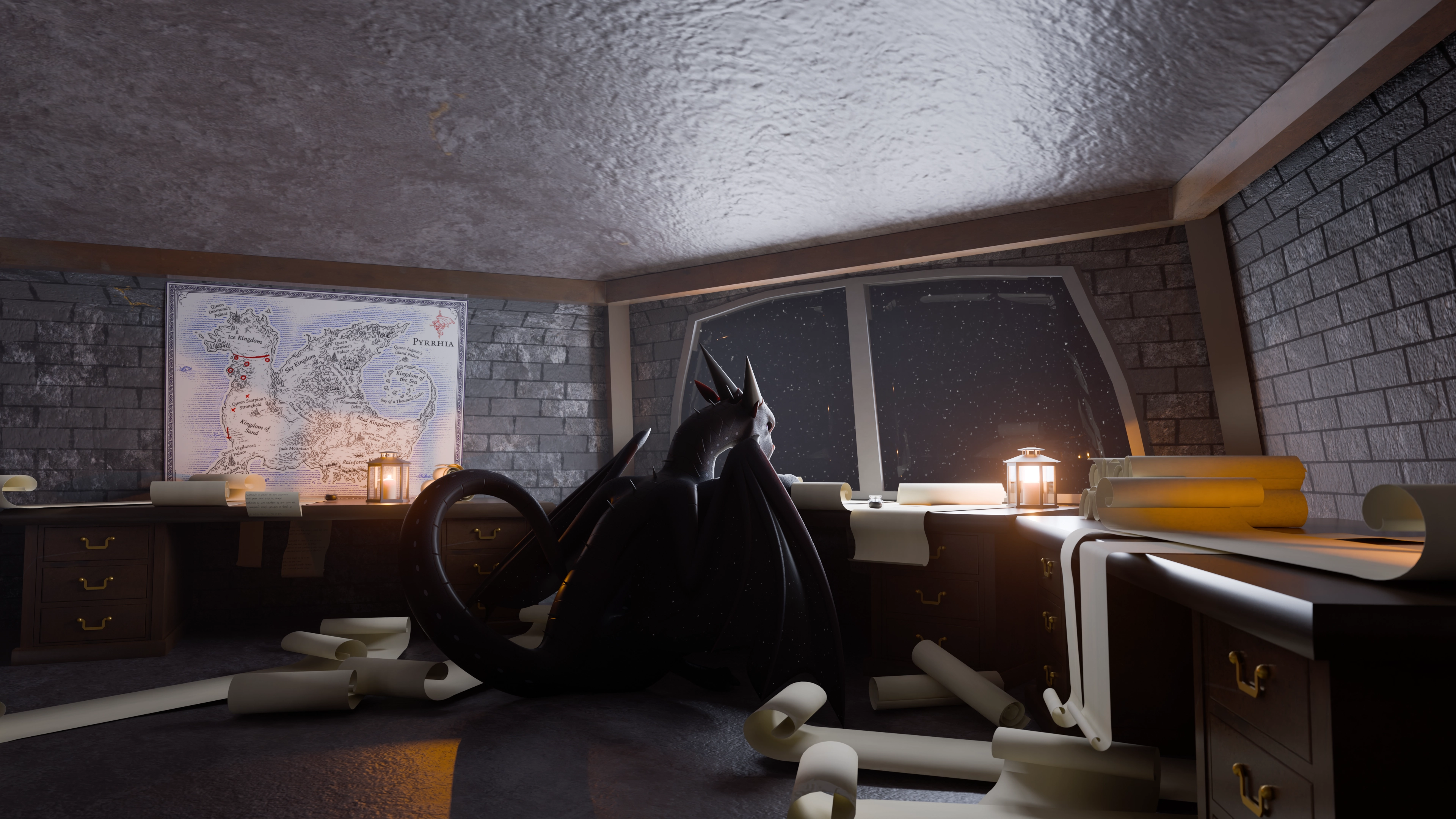 A computer-generated 3D render. A black dragon sits neatly in the center of the frame, facing a desk away from the camera. The room is made of brick and stone, with wood supports. Three total desks line the walls and scrolls are scattered on the desktops and the floor. A map labeled 'Pyrrhia' is on a wall to the left, and there are written annotations in red. The scene is lit by a few lanterns on the desks as well as moonlight from the night sky that comes through a window in front of the dragon.