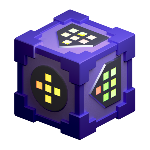 A purple cube with a dark-purple frame. There are metal panels with lights on each of the sides. It resembles a Minecraft repeating command block.