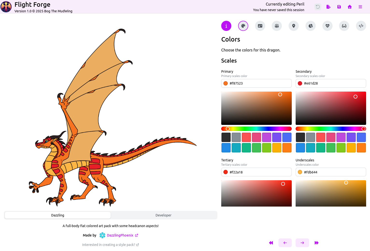 A screenshot of the Flight Forge web app. On the left is a full-body illustration of an orange dragon. On the right side is a series of color pickers matching parts on the dragon. There are controls in the header and beneath the two sides.