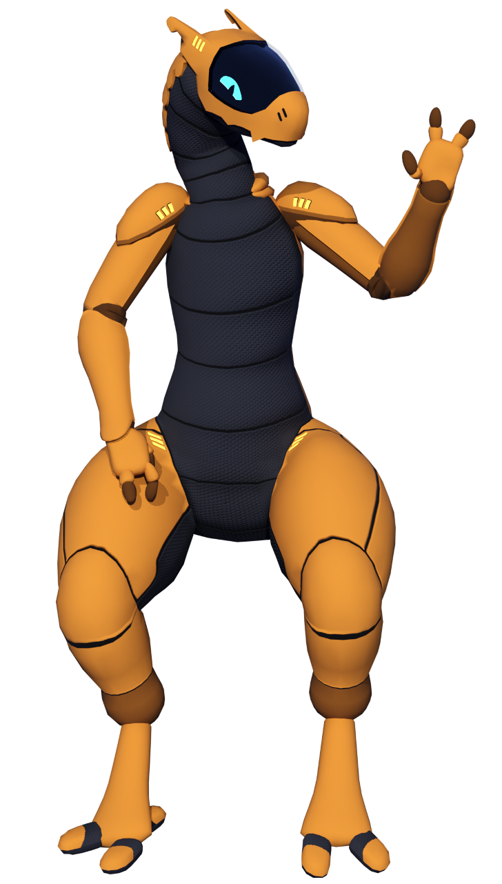 An orange and gray anthropomorphic robot sitting on the section below. It has a screen on its head like a visor which displays one of its blue eyes. One of its hands is up as if waving.