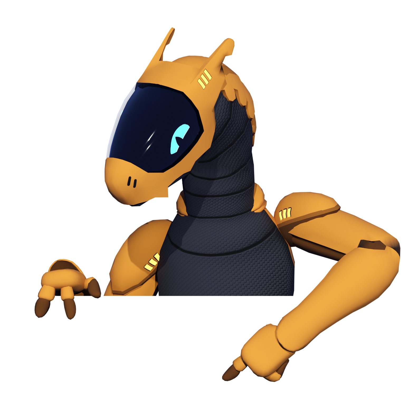 An orange and gray anthropomorphic robot from the torso up. It has a screen on its head like a visor which displays one of its blue eyes. One hand grabs the top of the box below with the other pointing to the content.
