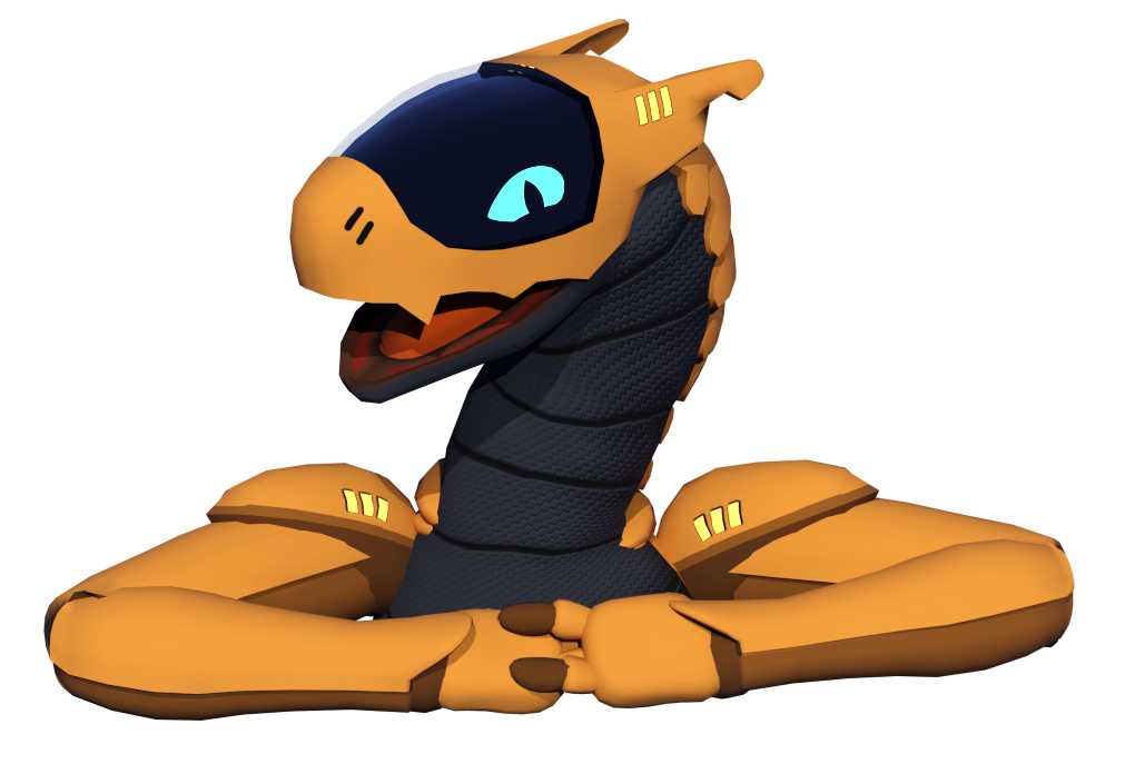 An orange and gray anthropomorphic robot from the shoulders up, resting its arms on the section below. It has a screen on its head like a visor which displays one of its blue eyes. The head is tilted and it has a happy expression.