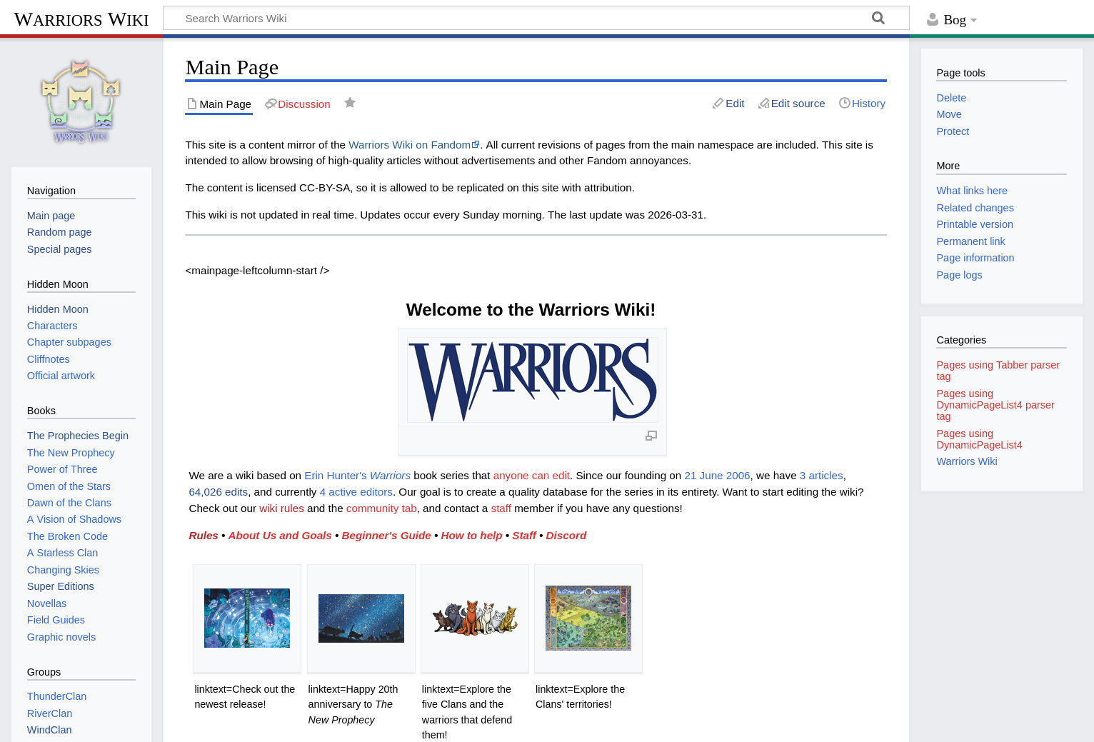 A wiki page. In the center, there is a large title with the text 'Welcome to the Warriors Wiki!' On the left side, there is an image with the clan emblems and the text 'Warriors Wiki' with navigation links below. On the right side, there are page tools, special pages, and languages links.