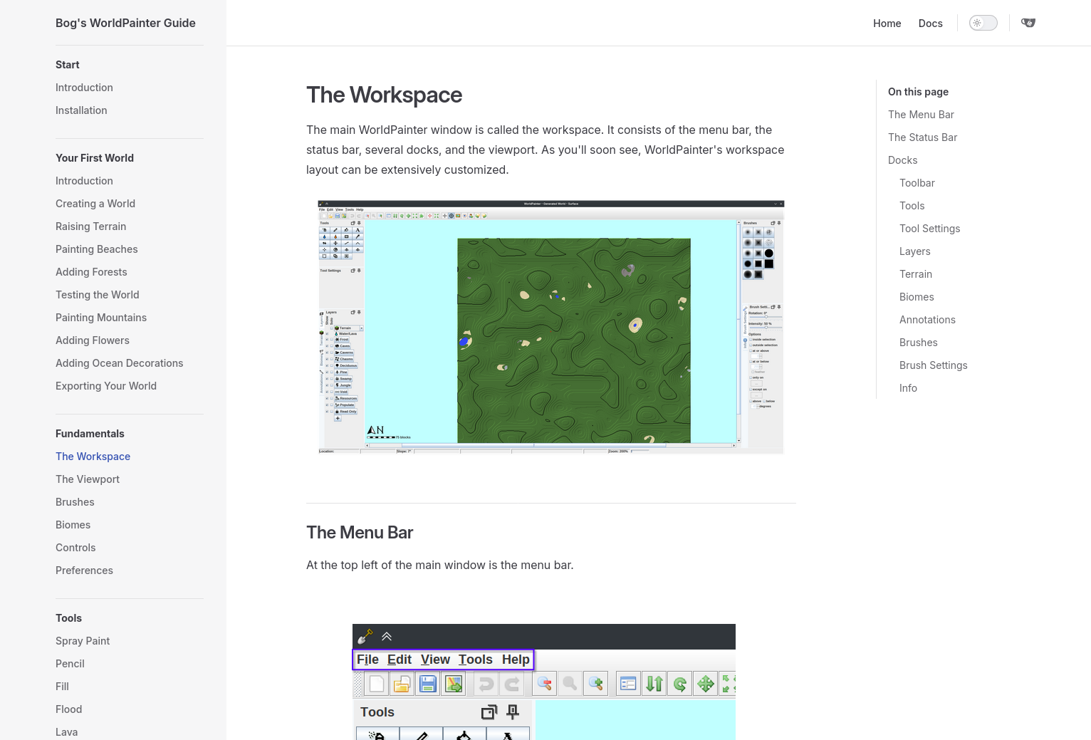 A screenshot of a documentation website. In the center, the header says 'The Workspace' with an image of the WorldPainter window. On the left side are links to other pages and on the right side is a table of contents.