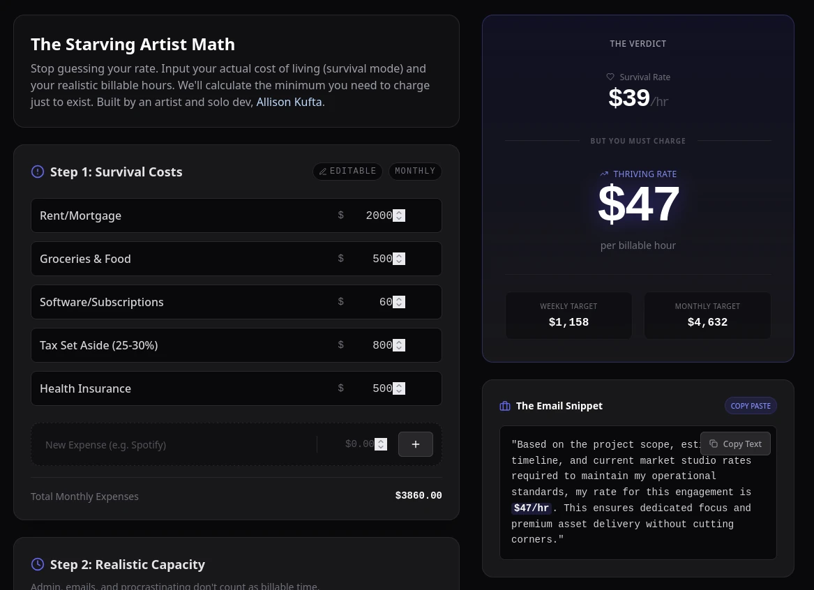 Input fields on the left and a dollar amount calculated on the right