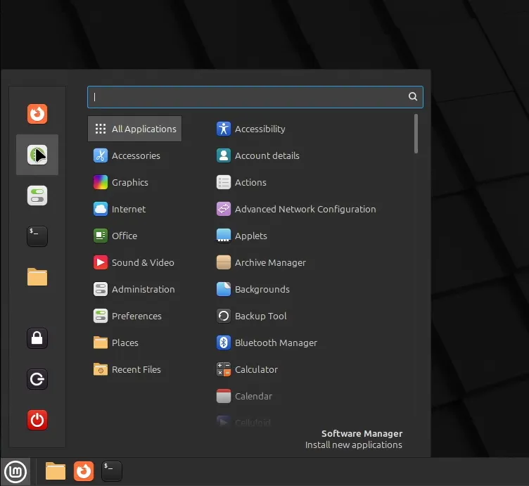 The Software Manager is pinned in the menu by default.