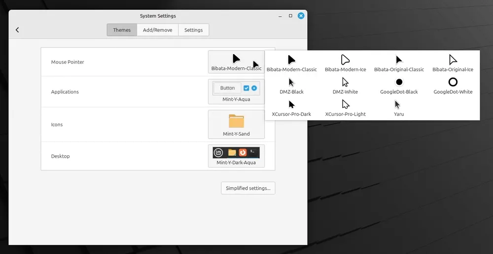 The available mouse pointer themes are displayed in a popout menu.