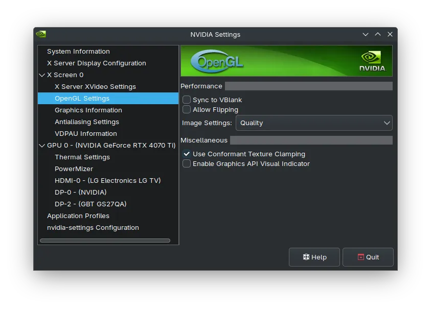 OpenGL Settings is in the left side bar of the NVIDIA Settings window.