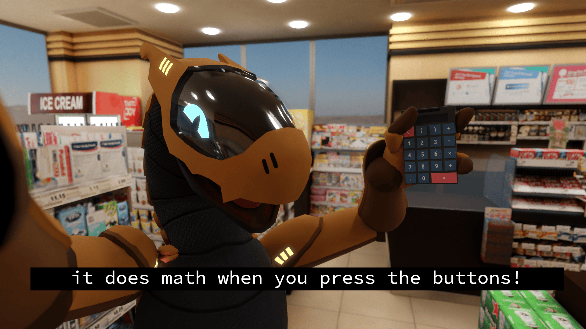 A computer-generated 3D render. The camera is held like a smartphone by an anthropomorphic robot in a convenience store. Its expression is happy and its mouth is open. In the other hand, it holds a handheld calculator. A caption at the bottom reads "it does math when you press the buttons!