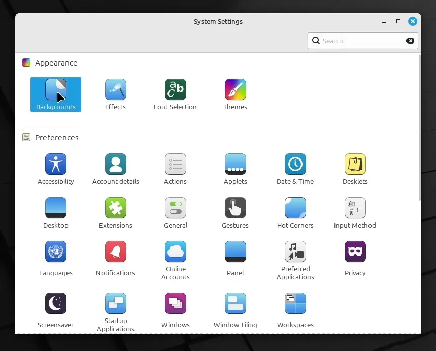 The Background button is the first in the Appearance category.