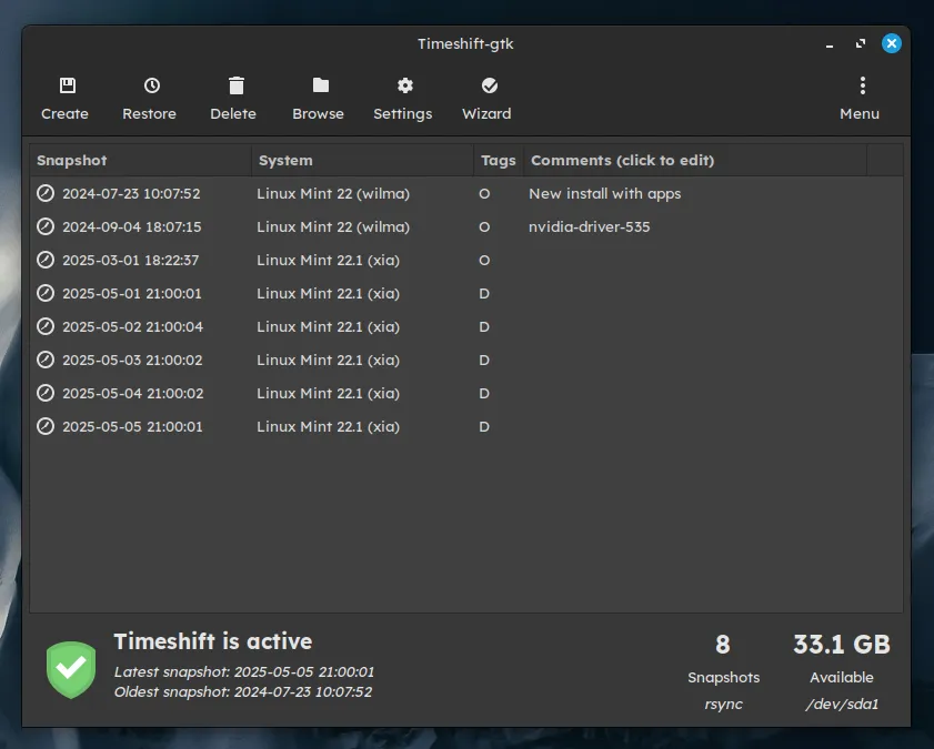 Timeshift has saved me before and I would consider it a necessity for a production system.